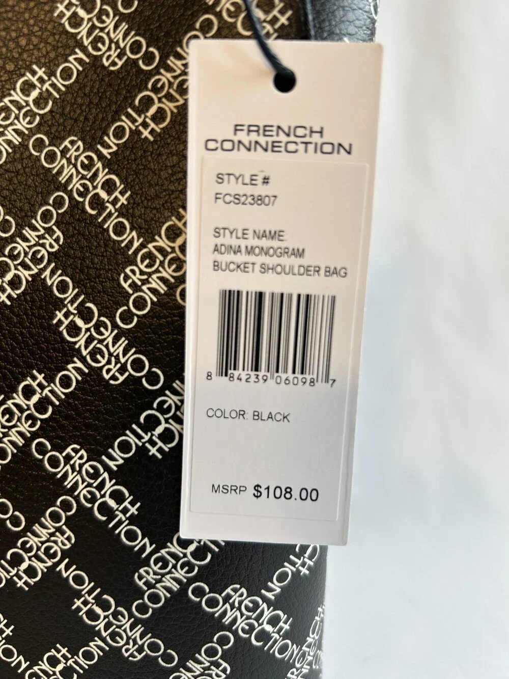 French Connection Bucket Shoulder Bag Black Adina Monogram Logo Purse